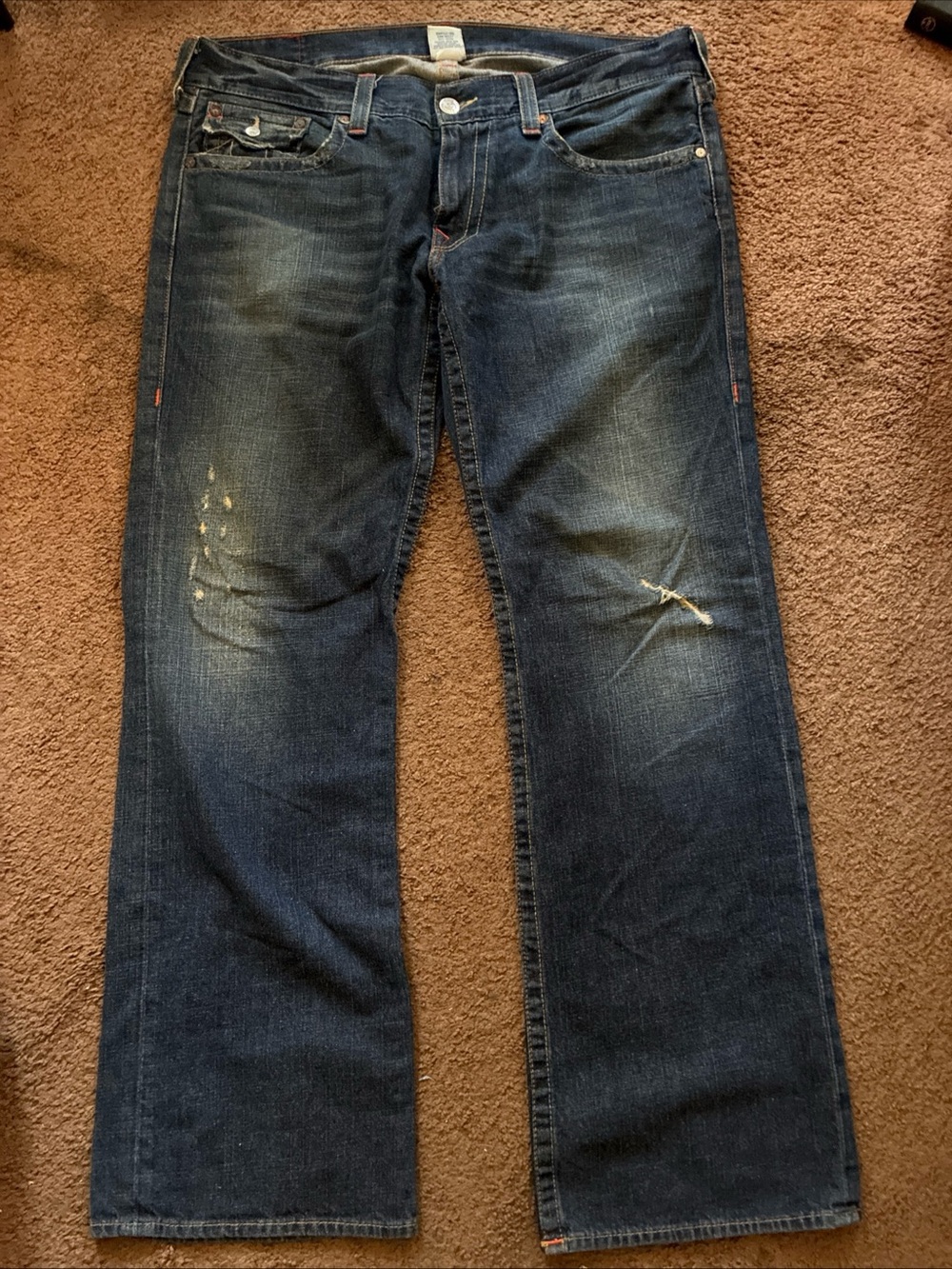 True religion Men's Dark Blue Distressed Straight-Leg Jeans 36 vtg